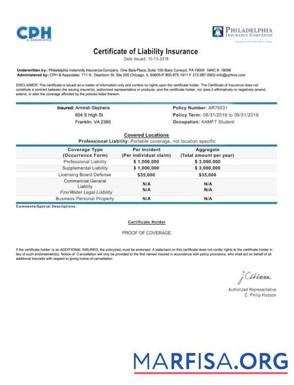 Realistic USA Pennsylvania Certificate of Liability Insurance example